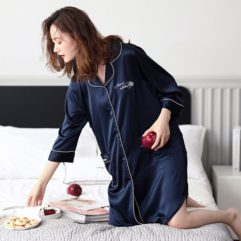 冰丝睡裙女士中长袖性感仿真衬衫 邦朵睡裙