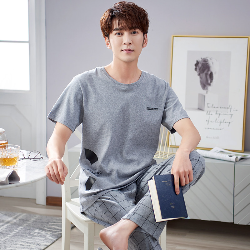 男士夏季纯棉短袖长裤男款宽松睡衣 邦朵睡衣/家居服套装