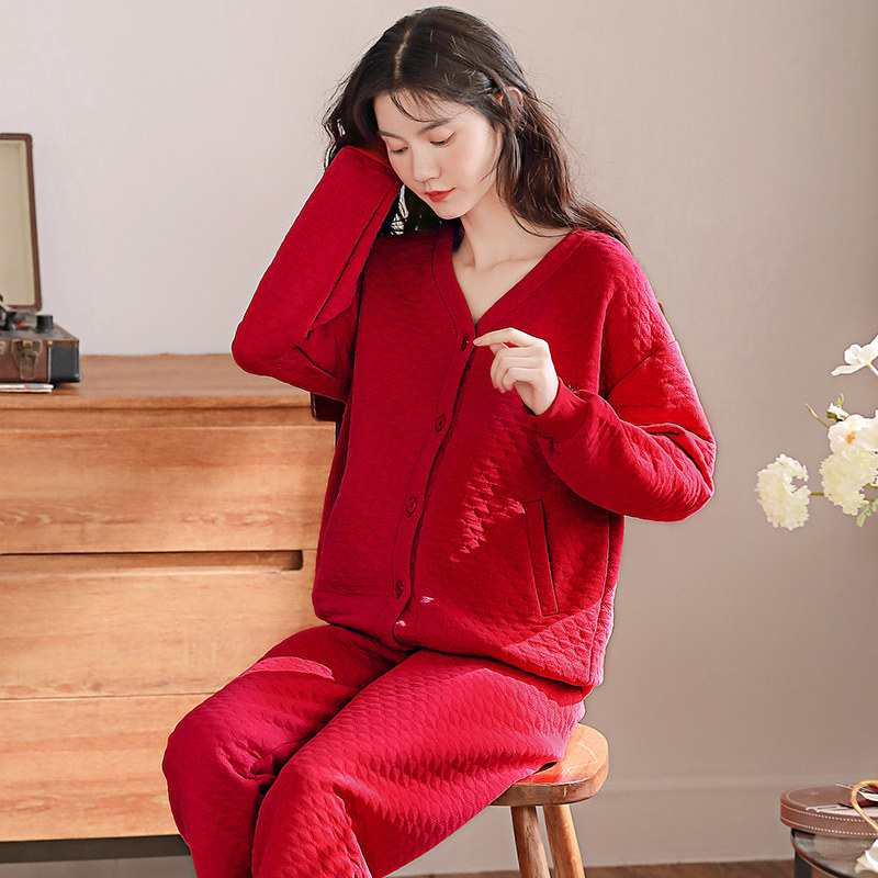 睡衣女春秋款加厚纯棉长袖冬季薄款夹棉红色新婚本命年秋冬家居服,淘宝优惠券,粉丝福利购,淘宝优惠卷