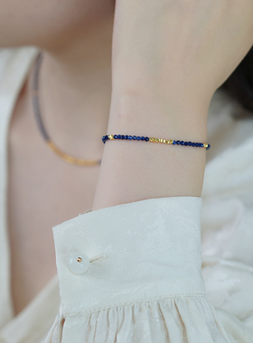 法式复古蓝晶石碎金子手链925纯银简约通勤气质手串叠戴女505106