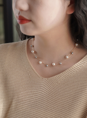 小众设计感时尚通勤灰白珍珠双层项链气质简约锁骨链日韩女60204