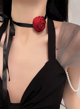 法式缎面玫瑰花皮革绳锁骨链女