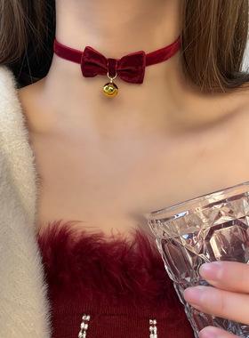 跨境新款圣诞节蝴蝶结铃铛项链甜美项圈choker酒红颈链毛绒锁骨链