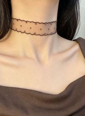 秋款清新蓝色波点蕾丝choker项链