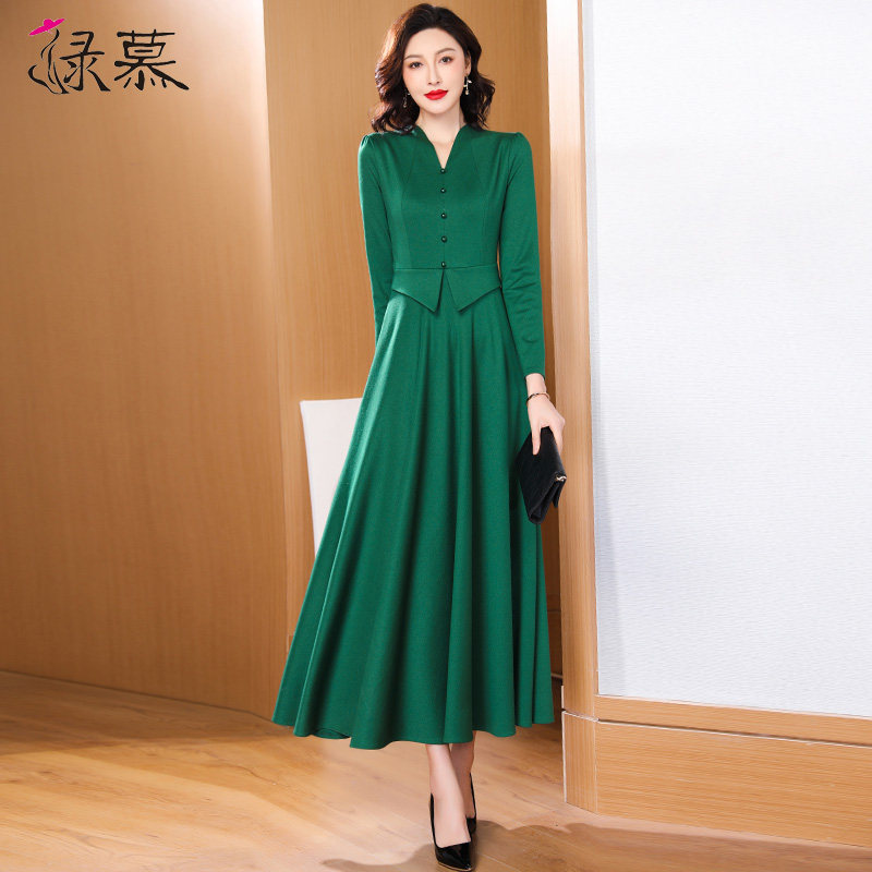 时尚绿色假两件长袖显瘦春秋连衣裙 绿慕连衣裙
