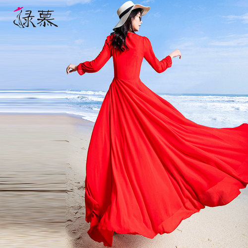 绿慕2026女新款春夏到脚踝雪纺连衣裙超长款大摆修身红色沙滩裙 - 图3