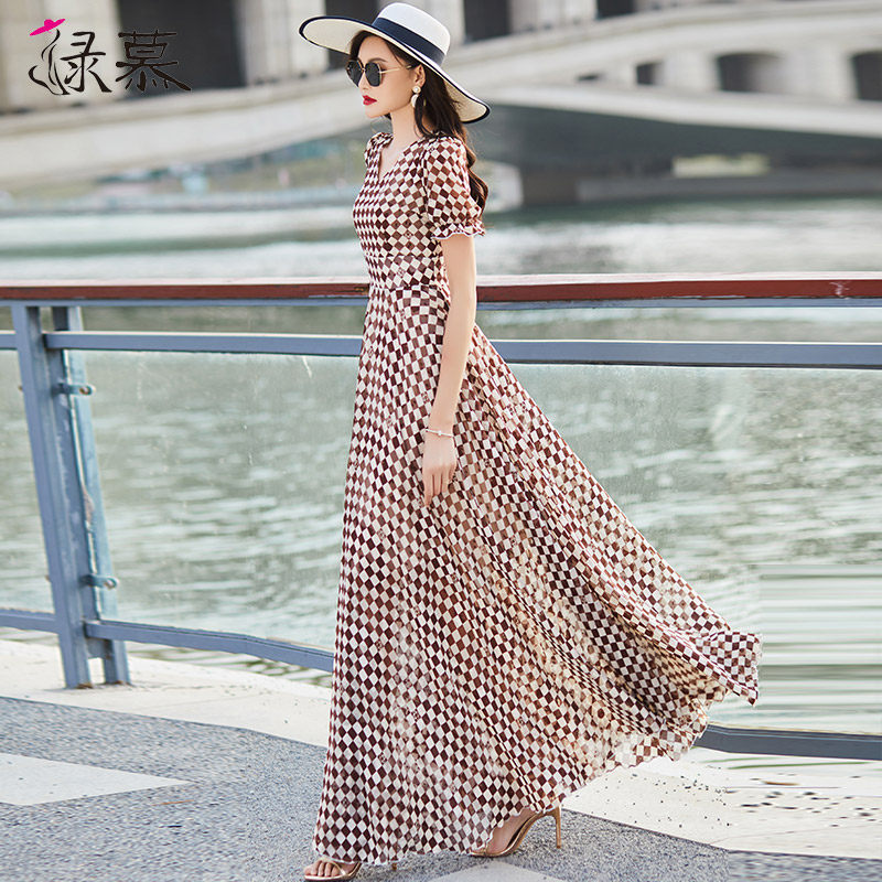 格子雪纺印花2022年新款夏天气质 绿慕连衣裙