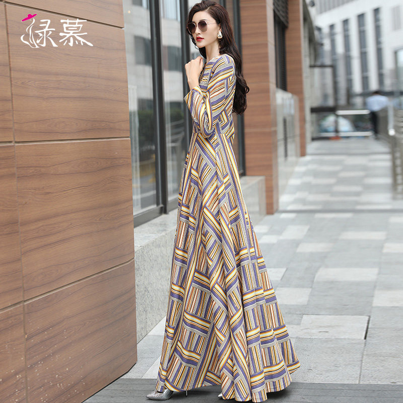 绿慕长款2021秋季新款千鸟格连衣裙 绿慕连衣裙