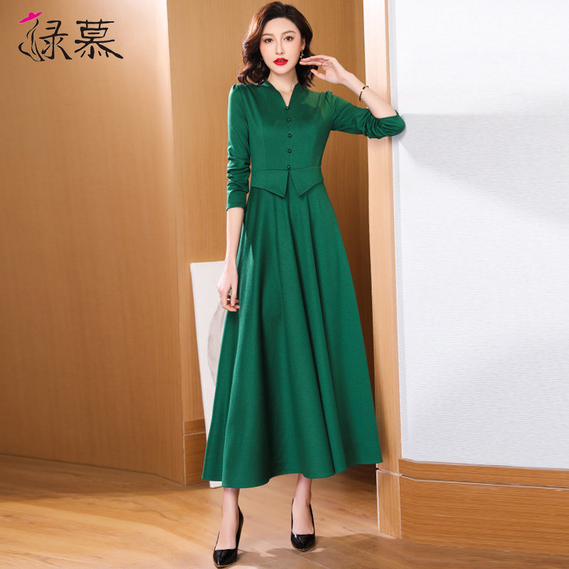 时尚绿色假两件长袖显瘦春秋连衣裙 绿慕连衣裙