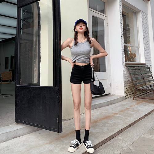 黑色高腰牛仔短裤女显瘦新款紧身包臀百搭a字热裤外穿打底裤子 - 图0