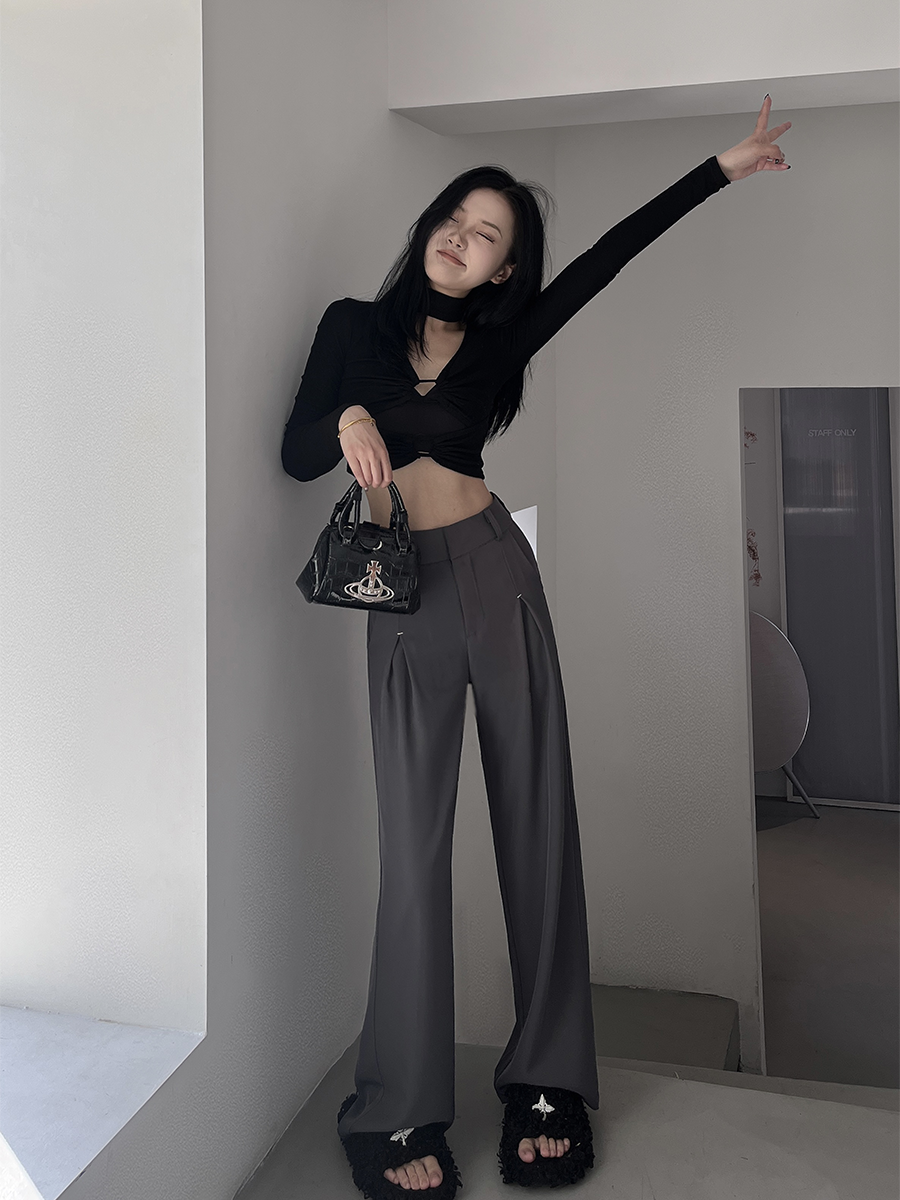 巴卜Stuido灰色高级感直筒阔腿裤女高腰春秋西装裤春夏季窄版加长,淘宝优惠券,粉丝福利购,淘宝优惠卷