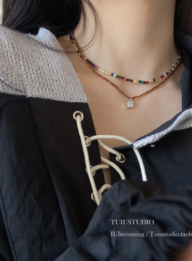 叠戴彩色项链串珠秋新色 项链锁骨链套装