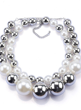 双层设计锁骨链银白圆形珍珠项链