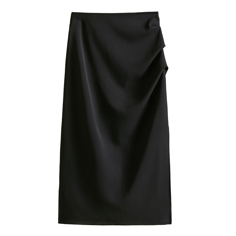 黑色设计感褶皱西装半身裙女夏季2024新款高腰开叉长裙显瘦包臀裙