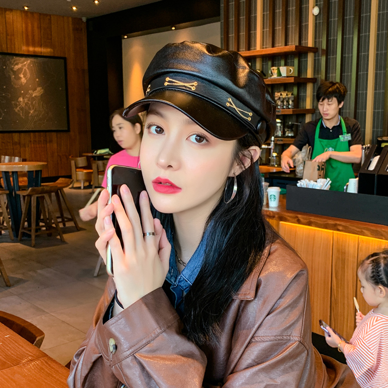 向朵旗舰店黑色八角帽英伦复古pu皮秋冬时尚显脸小皮帽子百搭鸭舌贝雷帽男女2