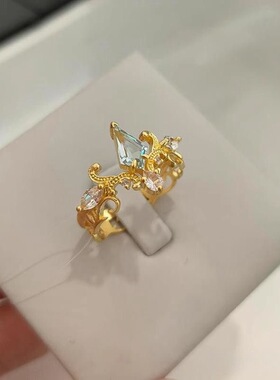 中古蓝眼泪闪钻皇冠订婚戒指女 复古vintage宫廷风开口镀金食指戒