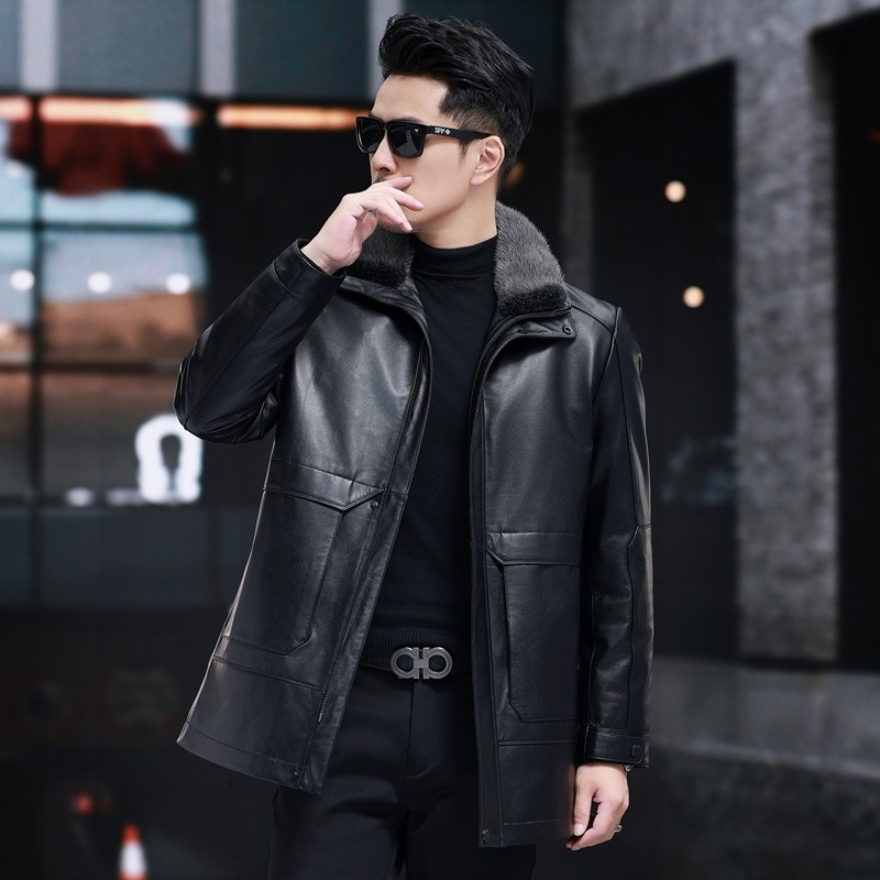 海宁真皮皮衣男士中长款皮夹克头层牛皮水貂翻领可脱卸内胆外套冬,淘宝优惠券,粉丝福利购,淘宝优惠卷