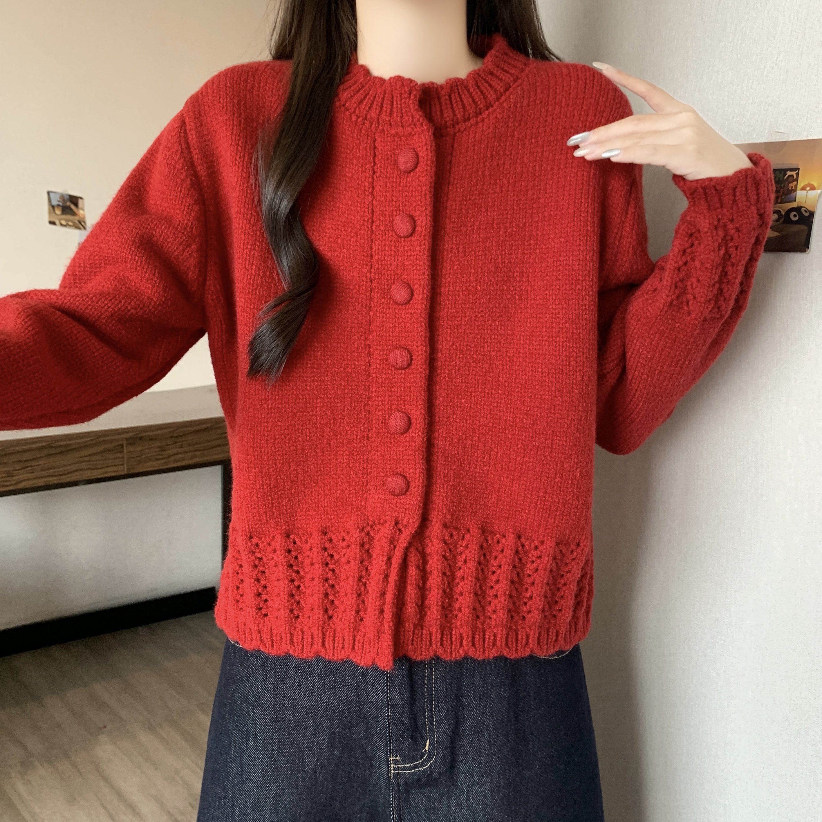 洋气减龄纯色钩花针织开衫女秋冬新款款宽松韩系温柔百搭毛衣外套,淘宝优惠券,粉丝福利购,淘宝优惠卷