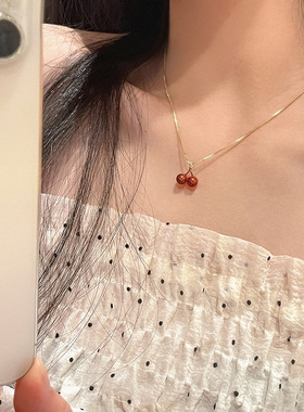 红色樱桃石榴石项链女甜美简约