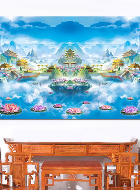中堂背景装饰贴画客厅佛堂背景挂画人间仙境阁楼亭台招财风水贴画