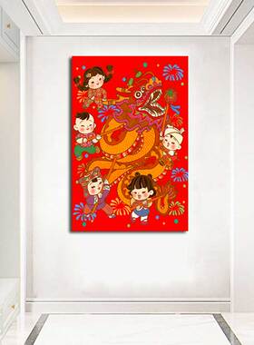 老式墙壁挂画五个福娃闹春贴画客厅装饰画福娃海报喜庆年画自粘画