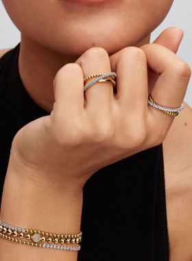 [新品]Pandora潘多拉串珠与Pavé密镶交缠双环戒指金银双色交错