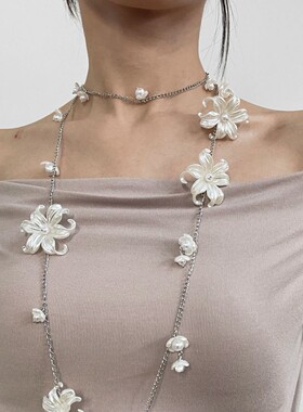 法式仙气浪漫白色花朵长款项链女INS高级辣妹度假海边腰链身体链