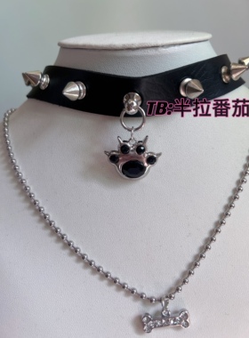 叛逆肉球项圈女猫爪骨头皮铆钉choker颈项链y2k辣妹暗黑摇滚朋克