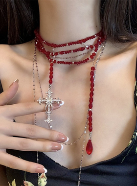 诱惑纯欲性感红色血滴多层流苏十字辣妹叠带项链锁骨链身体链女
