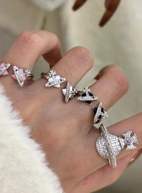 高质量土星球小众爱心辣妹欧美满钻开口个性潮酷闪叠戴戒指环首饰