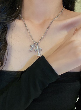 辣妹名媛金电镀气质镶钻十字架项链欧美ins锁骨链项坠个性项饰