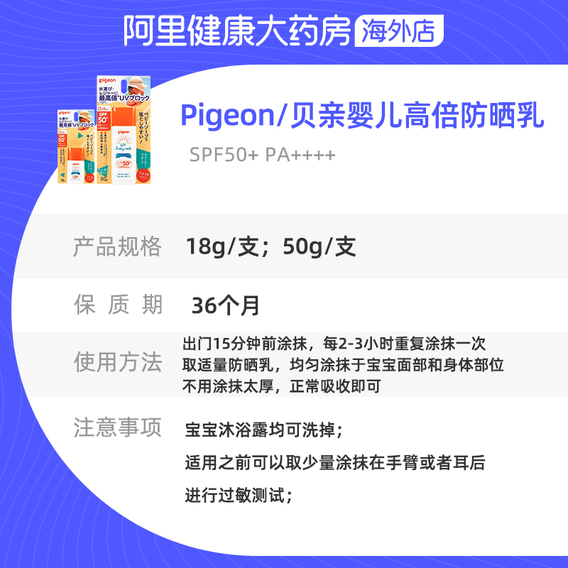 日本Pigeon/贝亲婴儿抗UV防水防晒乳SPF50+ 50g/SPF5018g - 图3