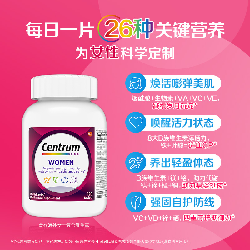 海外善存女士复合维生素b族叶酸VC维生素C矿物质碘化钾 补碘120粒