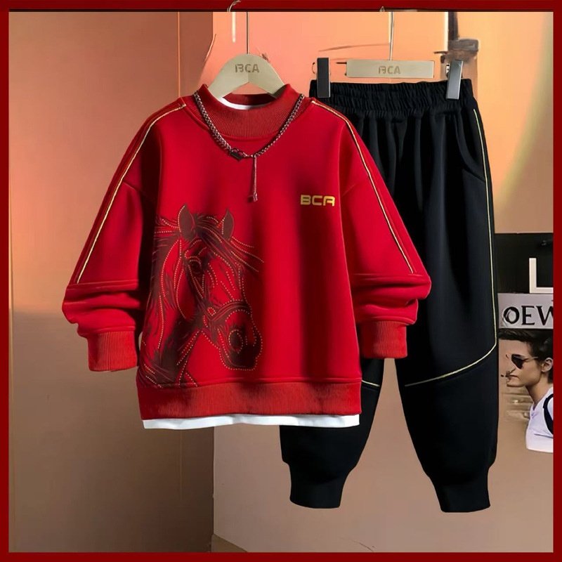 男童冬装套装2025新款中大童冬季加绒两件套儿童时髦喜庆年服卫衣,淘宝优惠券,粉丝福利购,淘宝优惠卷