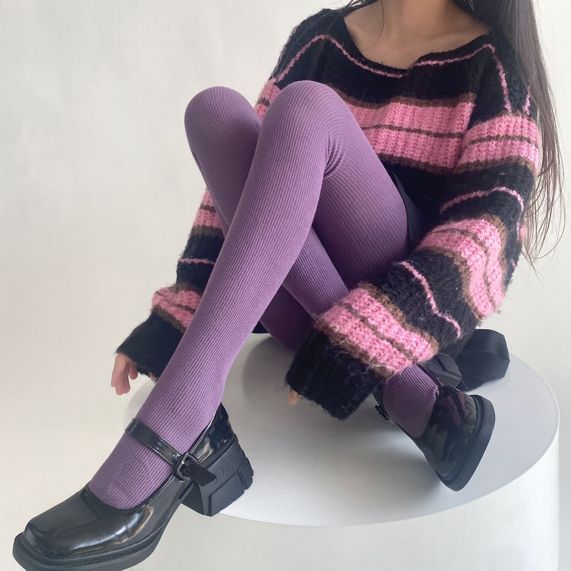 INS竖条百搭不加绒棉质打底连裤袜日系不透肉修身针织连脚袜多色,淘宝优惠券,粉丝福利购,淘宝优惠卷