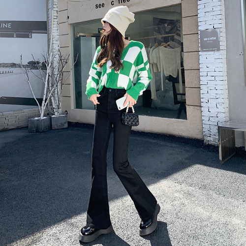高腰微喇牛仔裤女2026春秋显瘦鱼尾裤拖地阔腿喇叭裤子黑色马蹄裤 - 图1