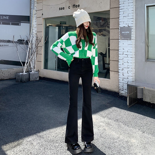 高腰微喇牛仔裤女2026春秋显瘦鱼尾裤拖地阔腿喇叭裤子黑色马蹄裤 - 图0
