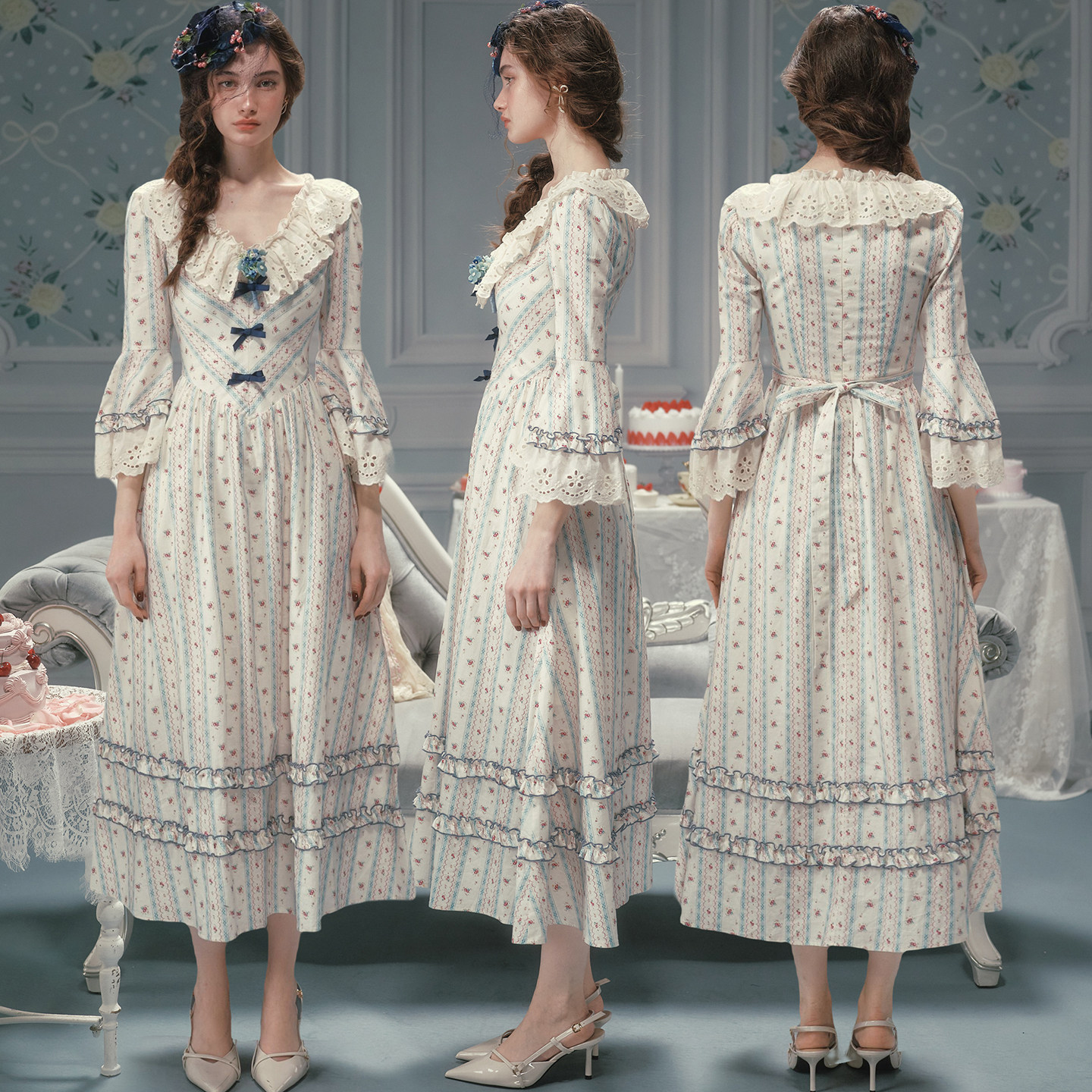 LaceMade 早安凡尔赛 法式田园风条纹印花棉质长裙v领显瘦连衣裙,淘宝优惠券,粉丝福利购,淘宝优惠卷