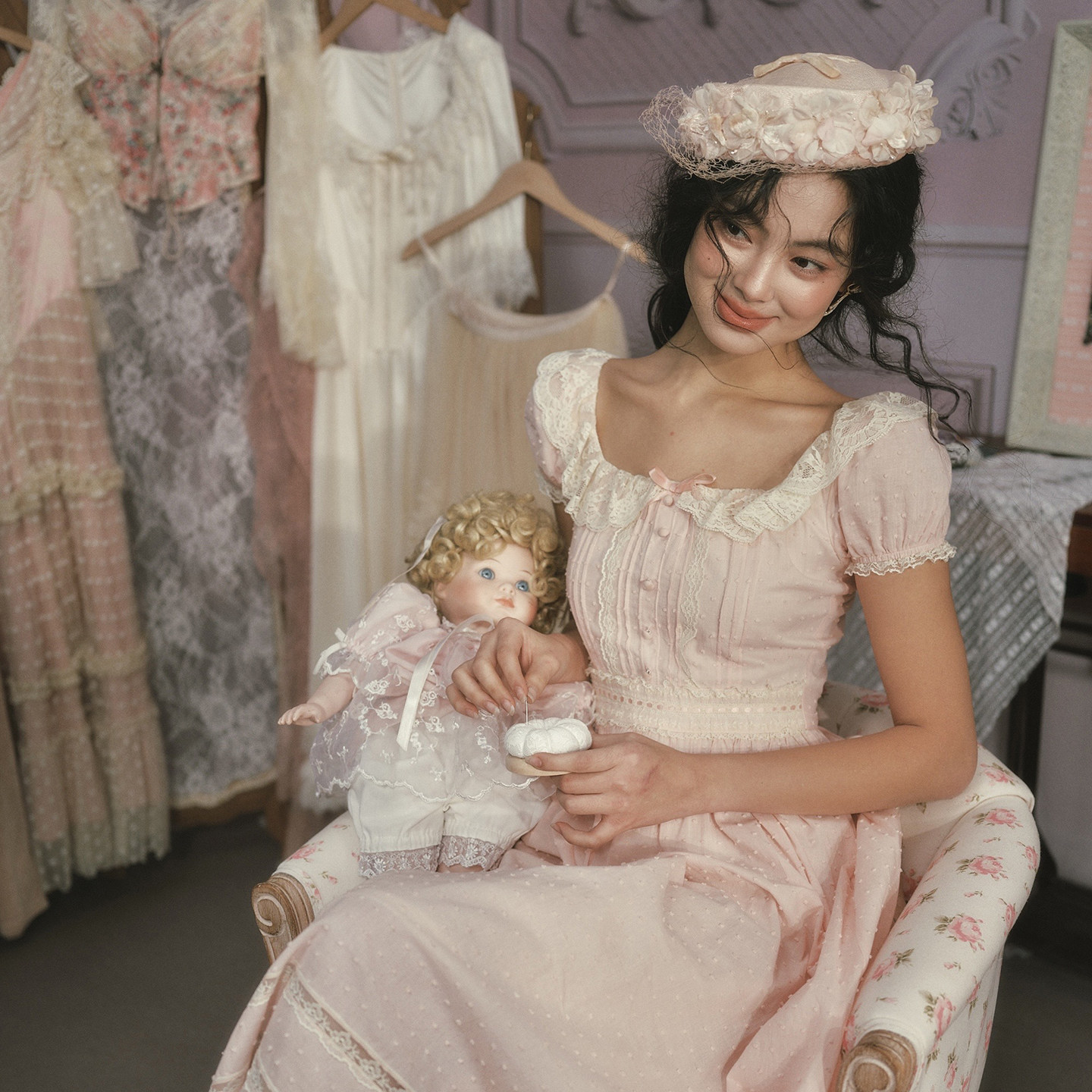 LaceMade 浓汤宝宝 法式甜美粉色公主裙蕾丝拼接方领长款连衣裙女,淘宝优惠券,粉丝福利购,淘宝优惠卷