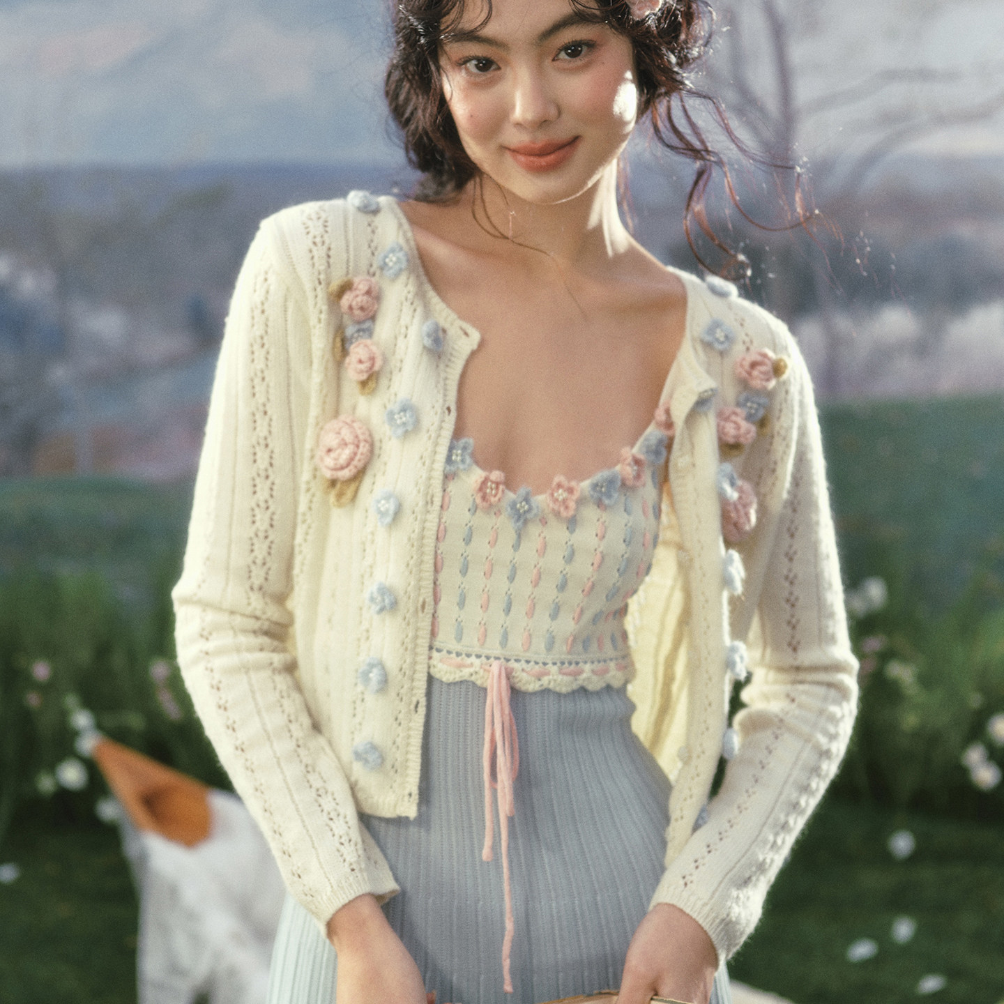 LaceMade 玫瑰潮汐 法式田园针织裙吊带连衣裙长袖开衫蓝色早春女,淘宝优惠券,粉丝福利购,淘宝优惠卷