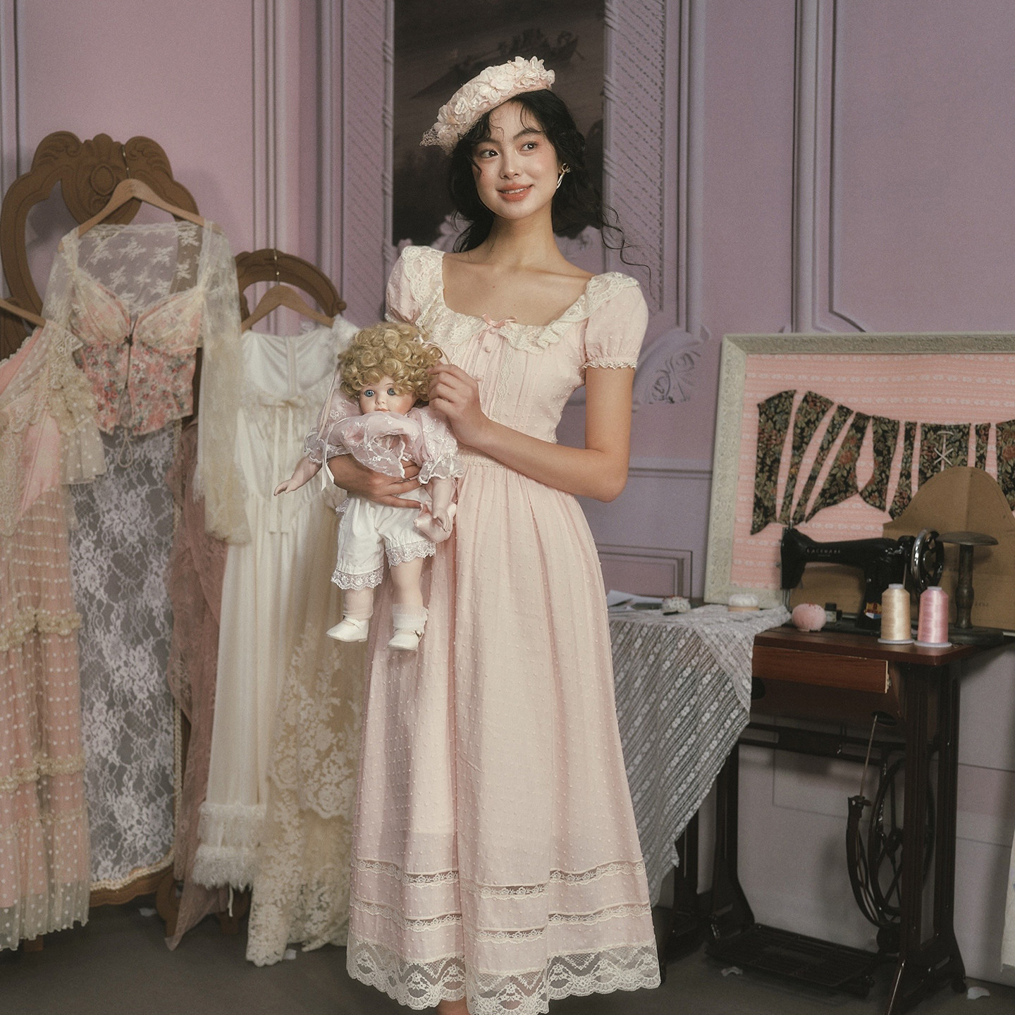 LaceMade 浓汤宝宝 法式甜美粉色公主裙蕾丝拼接方领长款连衣裙女,淘宝优惠券,粉丝福利购,淘宝优惠卷