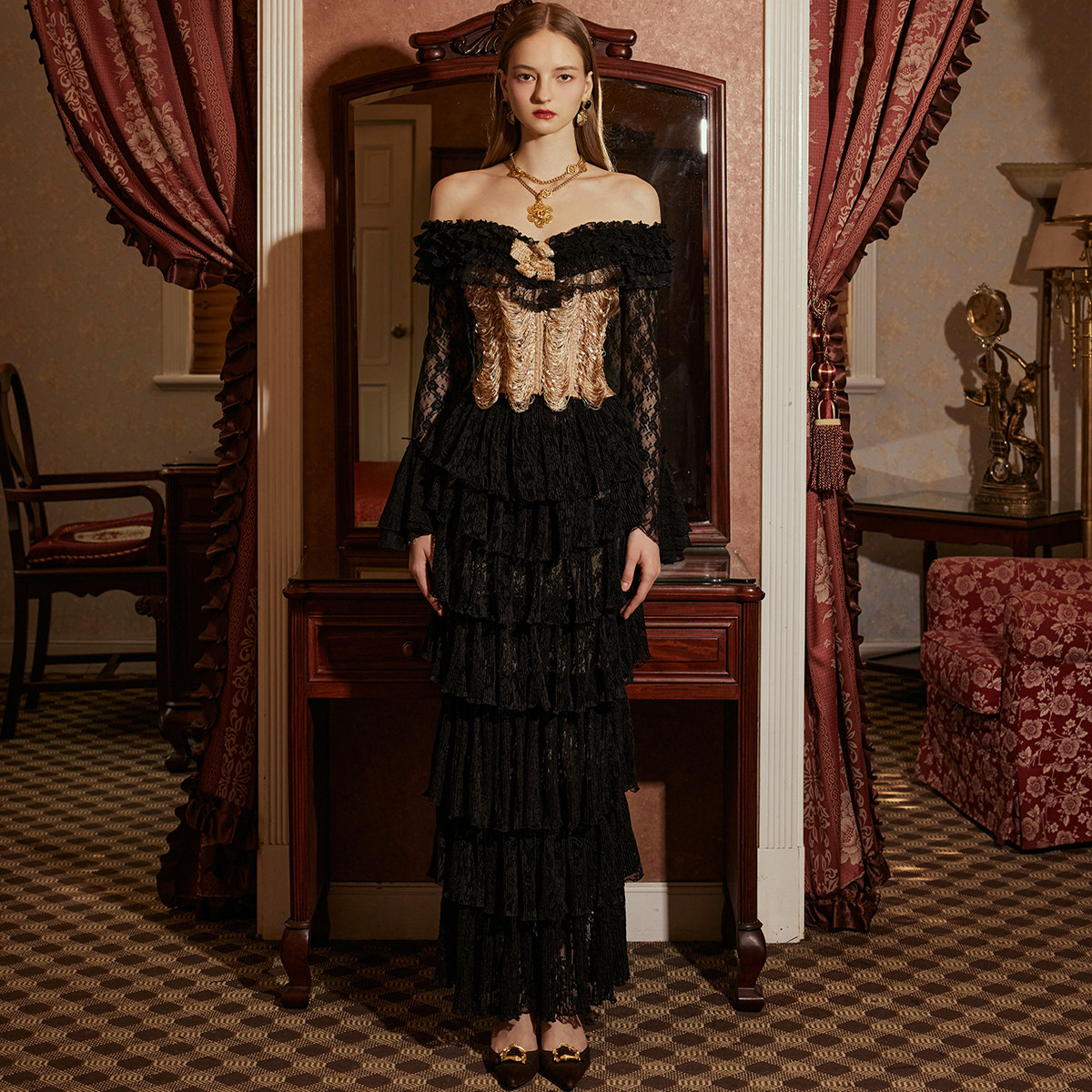 LaceMade 幻影金丝雀 派对法式复古宫廷鱼骨礼服胸衣半裙年会战袍,淘宝优惠券,粉丝福利购,淘宝优惠卷