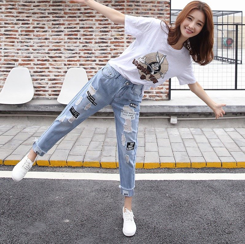 女士阔腿韩版bf乞丐高腰裤牛仔裤 艺雷莉牛仔裤