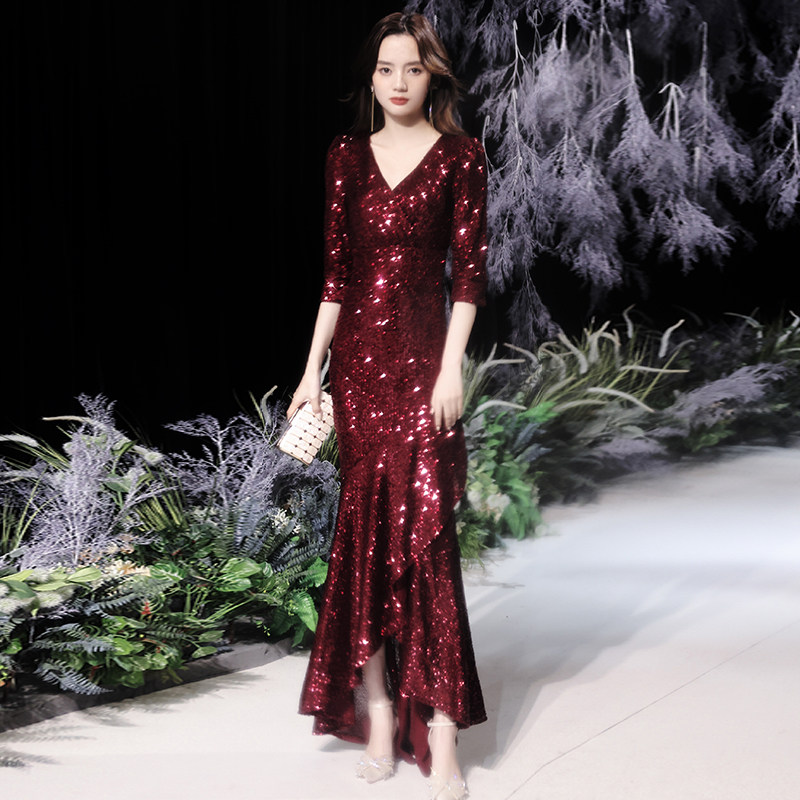 高档晚礼服女2025新款宴会气质鱼尾酒红色亮片主持人晚会长裙晚装,淘宝优惠券,粉丝福利购,淘宝优惠卷