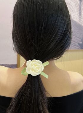 白色山茶花发圈珍珠洋气头绳森女马尾发饰发绳蓬松高颜值皮筋头饰