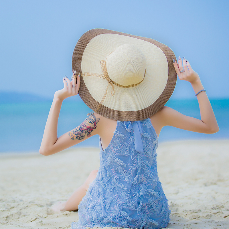 沙滩帽女夏天遮阳帽女防晒遮脸海边度假大檐草帽可折叠百搭太阳帽