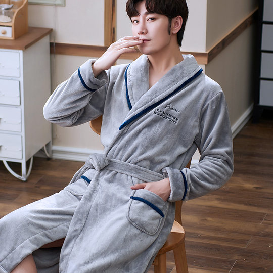睡衣加厚珊瑚绒睡袍男士秋冬季春秋款晨袍法兰绒套装浴袍男款长袍