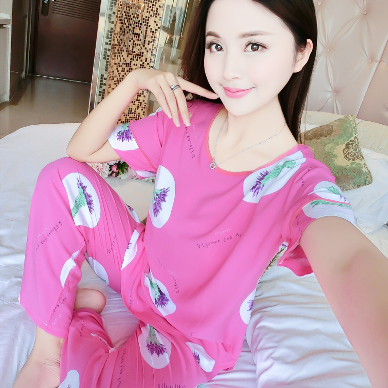 棉绸睡衣女夏季套装短袖长裤韩版宽松薄款秋天绵绸家居服女两件套 棉绸睡衣女夏季套装短袖长裤韩版宽松薄款秋天绵绸家居服女两件套