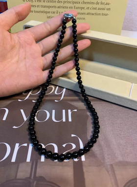 天然黑玛瑙串珠项链黑色圆珠锁骨链小众轻奢卫衣毛衣链