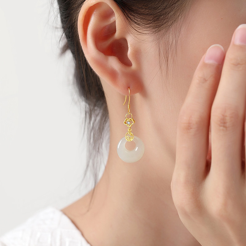 天然和田玉耳环吊坠款耳坠女国风新中式纯银如意晴水玉石圈圈耳饰